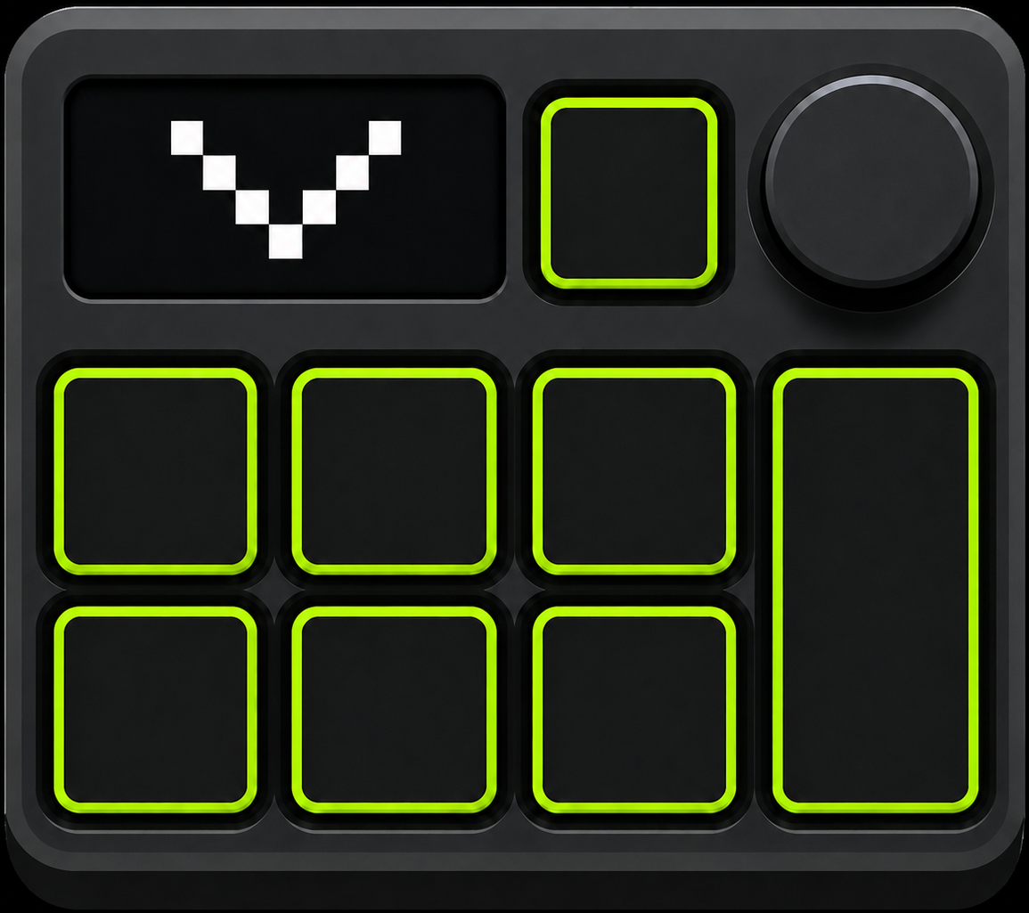 Vico Keyboard OLED、八个按键和旋钮的布局示意图